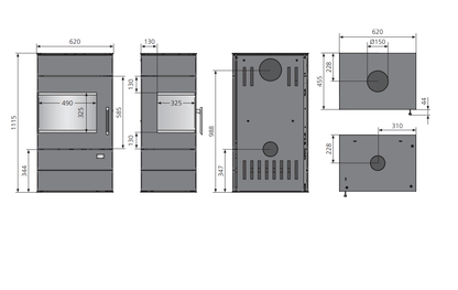 Maßzeichnung Justus Voga Kaminofen mit Abmessungen 1115 x 620 x 455 mm, Rauchrohranschluss Ø 150 mm und Sicherheitsabständen