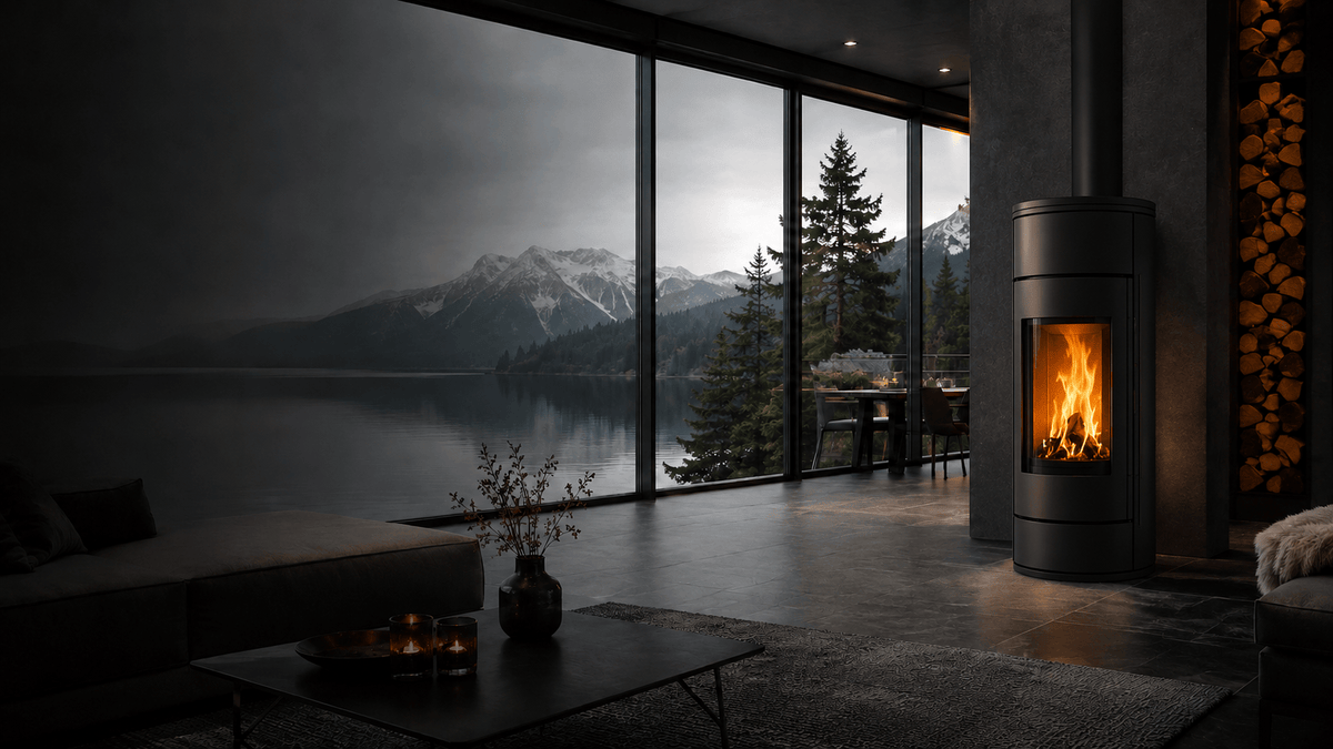 Moderner Kaminofen im Wohnraum mit Bergblick – Kaminöfen und Schornsteinsysteme bei Mein Schornsteinprofi in Thüringen