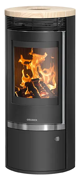 Oranier Rota Top 2.0 Kaminofen schwarz mit Sandstein-Abdeckplatte und natürlicher Steinoptik