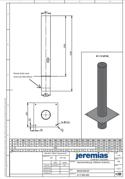 Schornsteinverlängerung einwandig, l: 1000 mm Jeremias