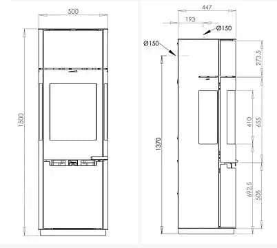 Technische Zeichnung Aduro 9.7 Kaminofen mit Maßangaben – Höhe 150 cm, Breite 50 cm, Tiefe 44,7 cm