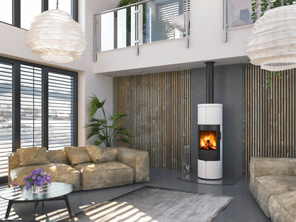 Der RHEA Flam Olbia H Kaminofen (5,8 kW, A+) mit weißer Keramikverkleidung. ACHTUNG: Nicht online bestellbar - nur im Fachgeschäft erhältlich. Fachberatung & Installation vor Ort. Kontaktieren Sie uns!