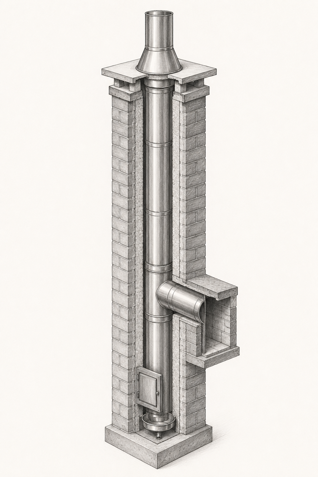 Schematischer Schornsteinschnitt mit einem Feuerstättenanschluss